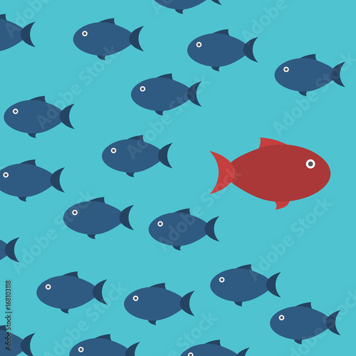 One red unique different fish swimming opposite way of identical blue ones. Courage, confidence, success, crowd and creativity concept. EPS 10 vector illustration.