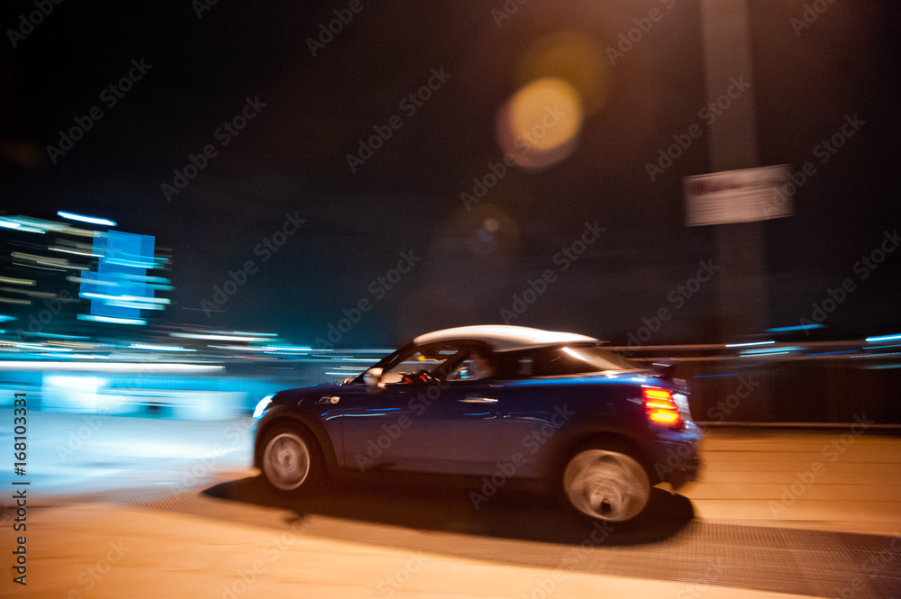 Blue Mini S Coupé Car, Speeding Through The Night