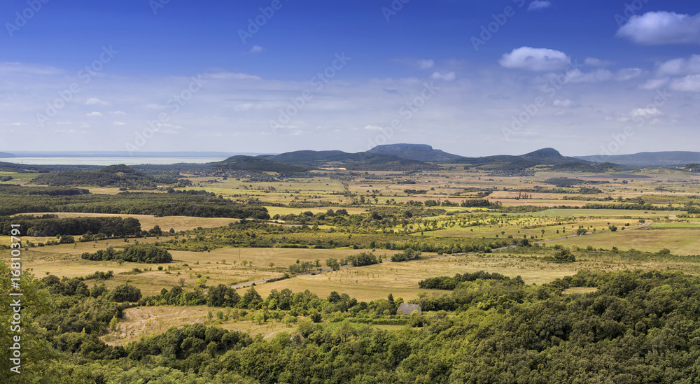 The Balaton Highlands (Hungarian: Balaton felvidek) and the Mount Badacsony viewed from the 'Hegyestu' hill in Hungary
