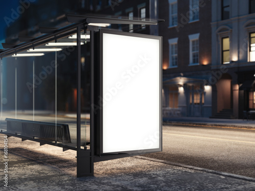 Bus stop with a glowing banner. 3d rendering