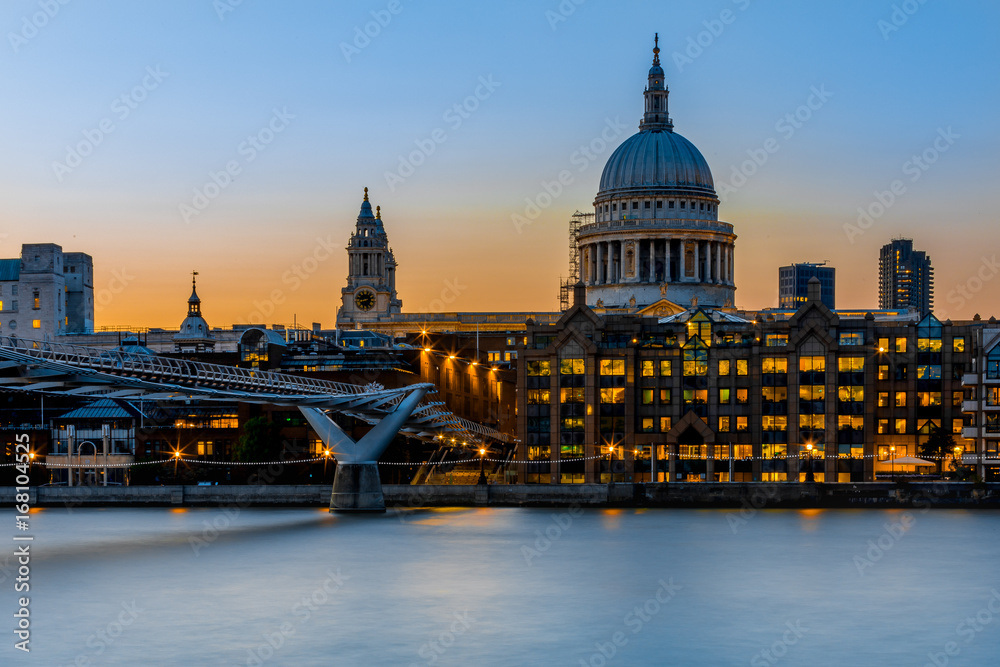 Millennium Bridge at Sunset front of St Paul's Cathedral