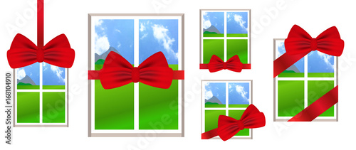 Window with red ribbon and bow as a gift with a landscape view. Set illustrations over white background. Vector