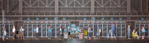 People Working In Data Center Room Hosting Server Computer Monitoring Information Database Flat Vector Illustration