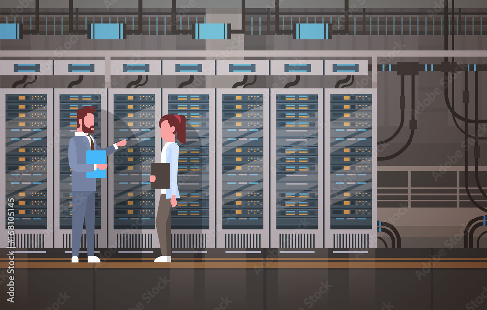 Obraz premium People Working In Data Center Room Hosting Server Computer Monitoring Information Database Flat Vector Illustration