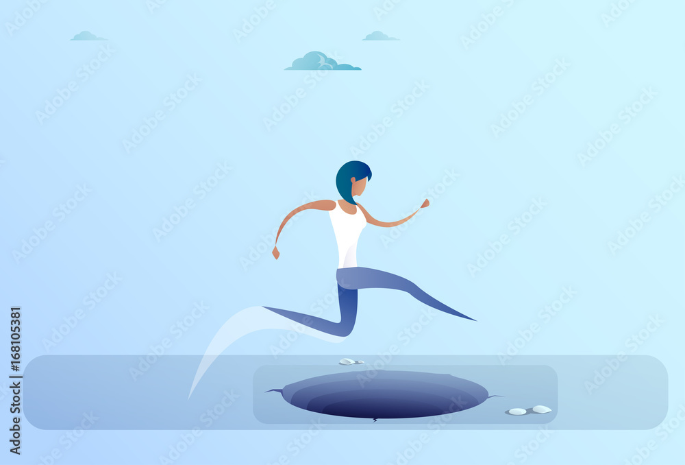 Businesswoman Jump Over Gap To Success Business Woman Risk Concept Flat Vector Illustration