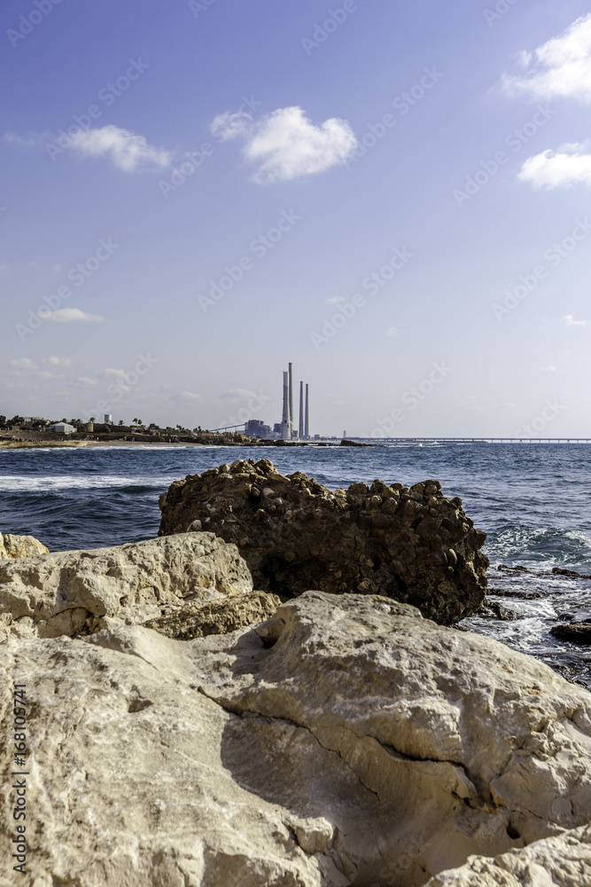 Hadera power station chimneys from Caesarea national park shore