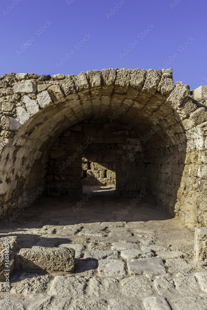 Ancient roman building remnants in Caesarea harbor national park 