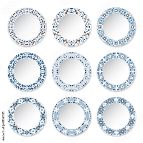 Set of nine decorative plates with a circular blue pattern, top view. White background. Vector illustration.