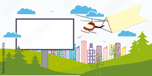 Advertising banner with space for text and a helicopter with banner mockup