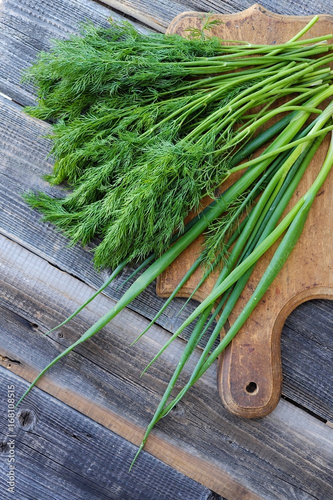 Old wooden board with fresh herbs view Old wooden board with fresh herbs view