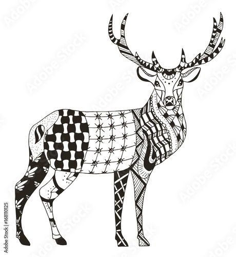 Artistically hand drawn, zentangle stylized deer vector, illustration, pattern, lace. Anti stress coloring books for kids and adults.