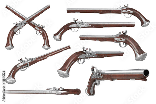 Pistol gun weapon brown wooden old flintlock set. 3D rendering