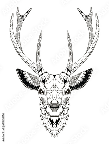 Deer head zentangle stylized, vector, illustration, pattern. Zen art. Ornate vector.  Anti stress coloring books for kids and adults.