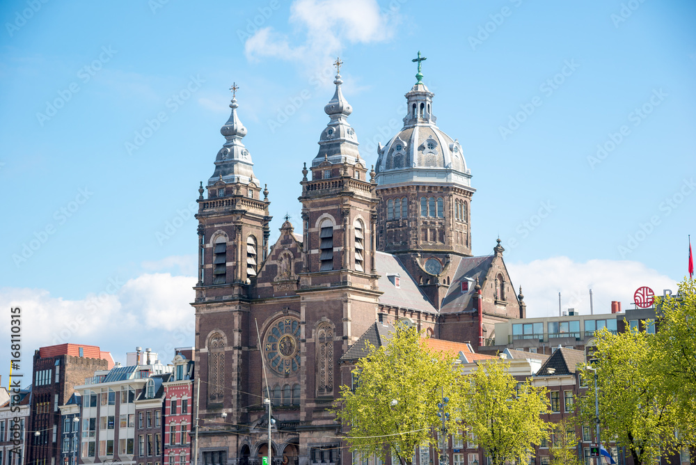 City view of the Basilica of Saint Nicholas Church - Sint-Nicolaasbasiliek. Amsterdam, Netherlands