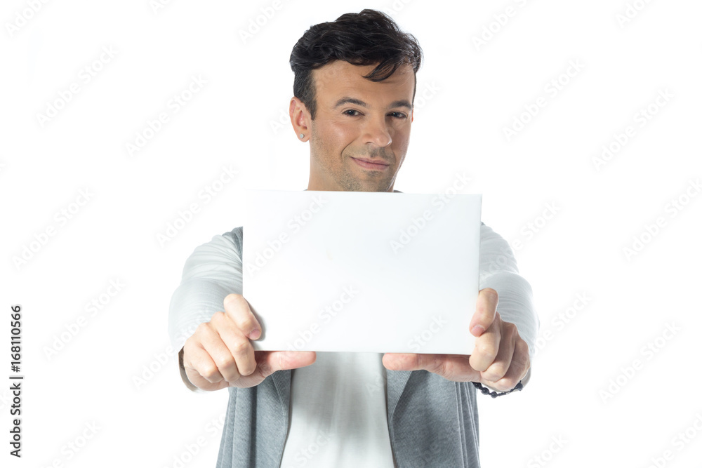 Man is holding a blank rectangular banner. Brazilian male wearing neutral clothes, 30s.. Man is holding a blank rectangular banner. Brazilian male wearing neutral clothes, 30s..