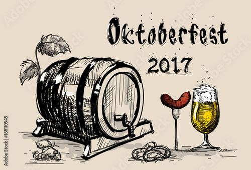 Beer Barrel Glass With Sausage Sketch Oktoberfest Festival BannerVector Illustration photo