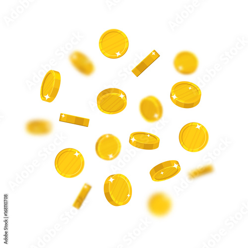 Gold coins flying cartoon isolated. Gold dollars with the effect flying in the air in a cartoon style for designers and illustrators. Floating pieces in the form of vector illustrations