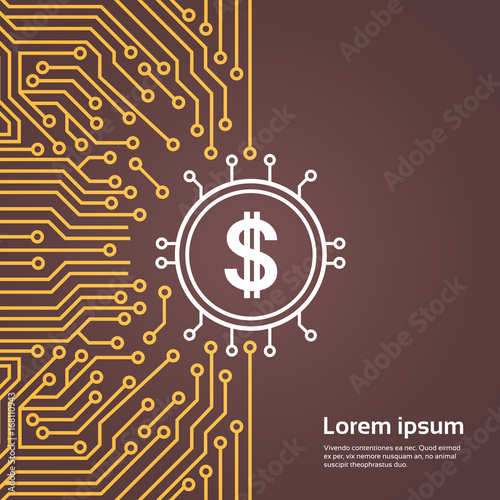 Dolar Sign Over Computer Chip Moterboard Backgroung Network Data Center System Concept Banner Vector Illustration