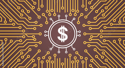 Dolar Sign Over Computer Chip Moterboard Backgroung Network Data Center System Concept Banner Vector Illustration
