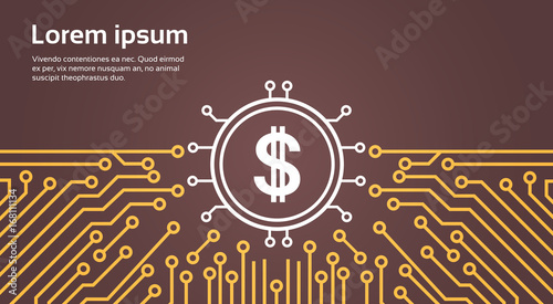 Dolar Sign Over Computer Chip Moterboard Backgroung Network Data Center System Concept Banner Vector Illustration