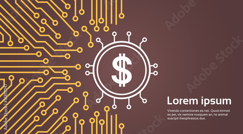 Dolar Sign Over Computer Chip Moterboard Backgroung Network Data Center System Concept Banner Vector Illustration