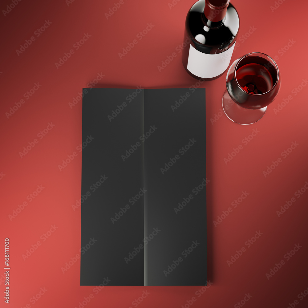 Wine black menu on red table. 3d rendering