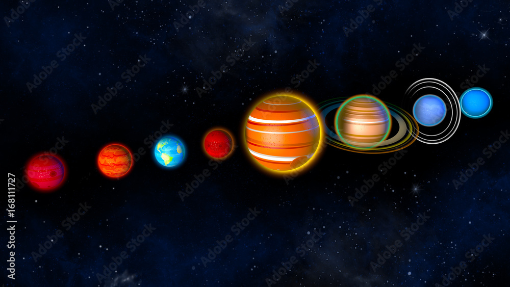 Sistema solare pianeti, disegni per libro bambini. 3d rendering Stock  Illustration