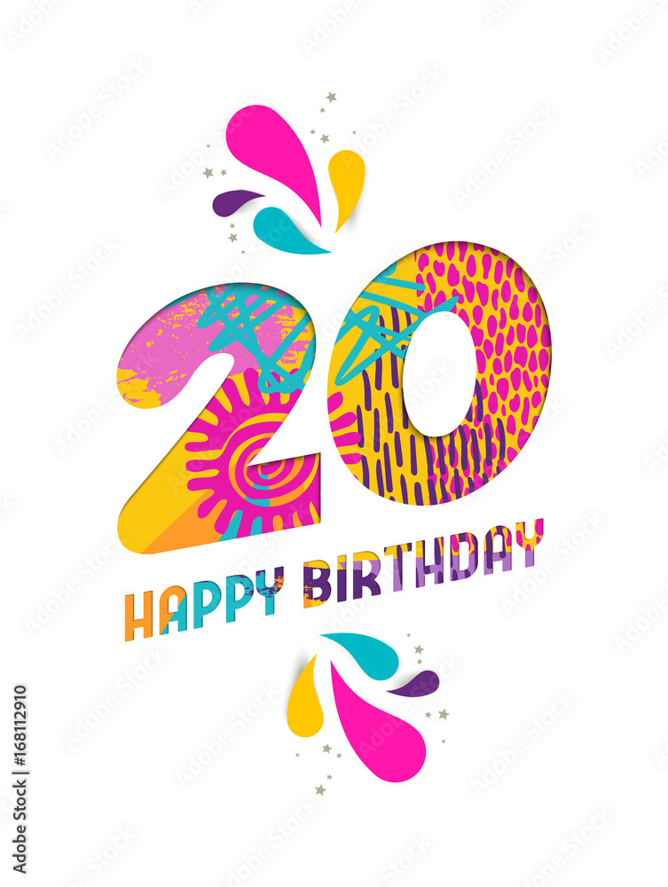 Fototapeta premium Happy birthday 20 year paper cut greeting card
