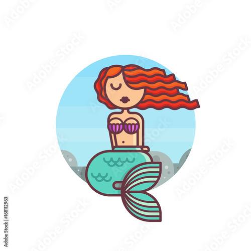 Young mermaid sits on the rocks against the background of the sea. Cartoon character in flat design style. Vector illustration.