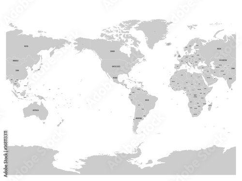 Grey World map. High detail America centered political map. Vector illustration. © pyty