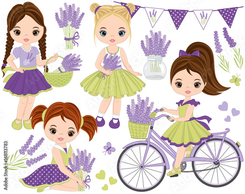 Vector Lavender Set with Little Girl, Bicycle and Bunting