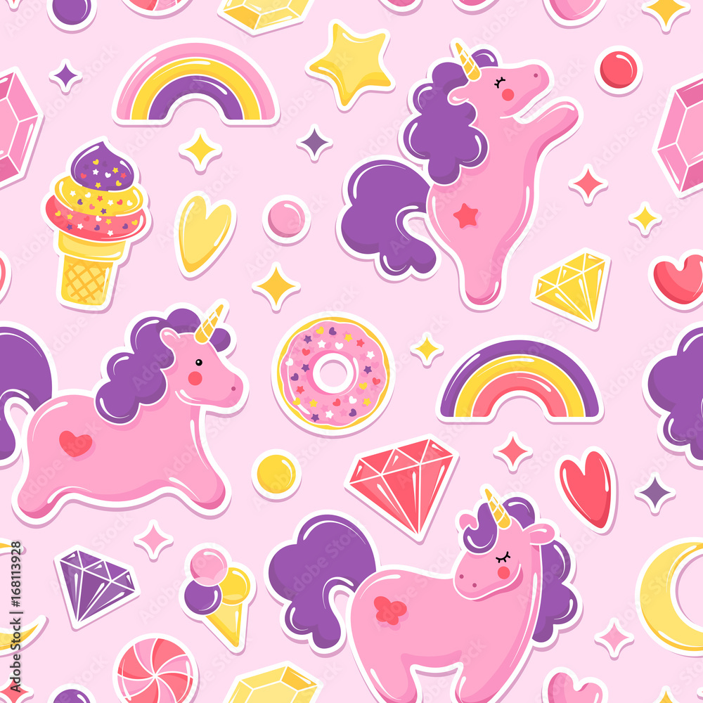 Unicorn cute seamless pattern. Unicorn, ice cream, rainbow, sweets, diamonds. Vector illustration