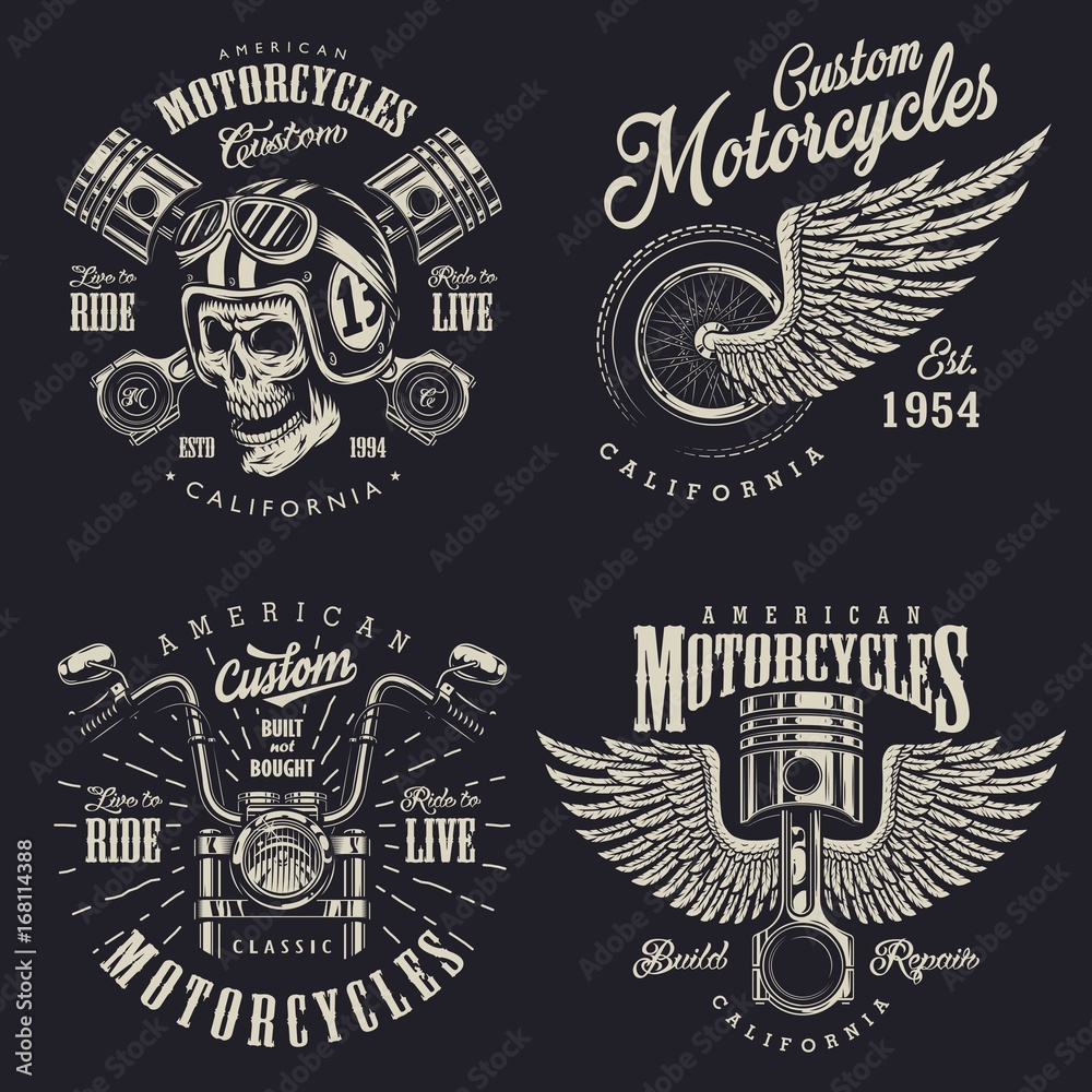 Obraz premium Set of vintage custom motorcycle emblems, labels, badges, logos, prints, templates. Layered, isolated on dark background Easy rider