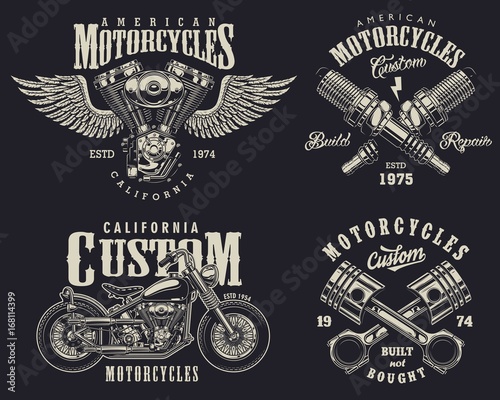 Set of vintage custom motorcycle emblems, labels, badges, logos, prints, templates. Layered, isolated on dark background Easy rider