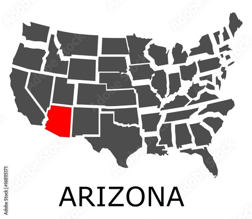 Bordering map of USA with Arizona state marked with red color.