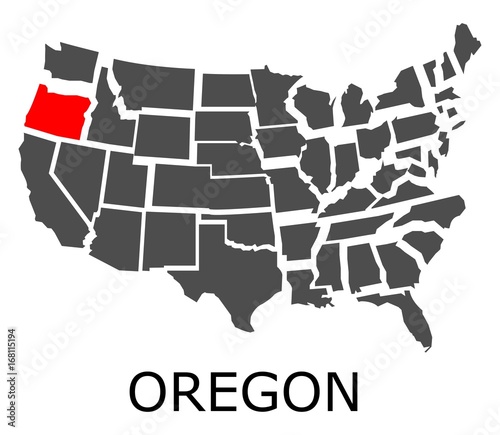 Bordering map of USA with Oregon state marked with red color.