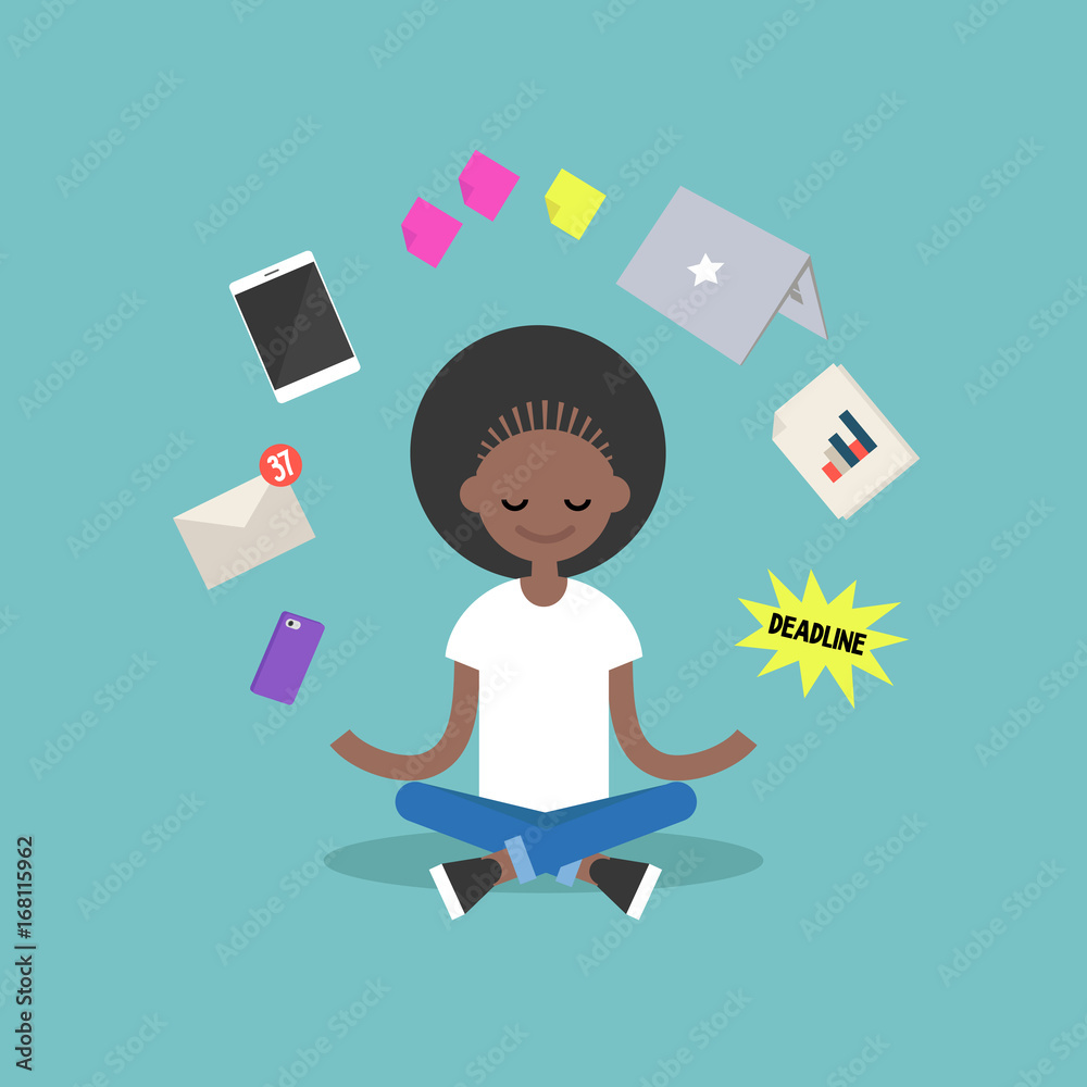Dealing with stress. Young black girl meditating with closed eyes in lotus pose surrounded by floating gadgets. Yoga and meditation / flat editable vector illustration, clip art