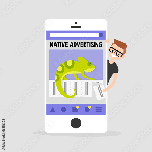 Native advertising conceptual illustration. Young nerdy character peeking out from behind the smartphone. Chameleon as a metaphor of native ads / flat editable vector illustration, clip art