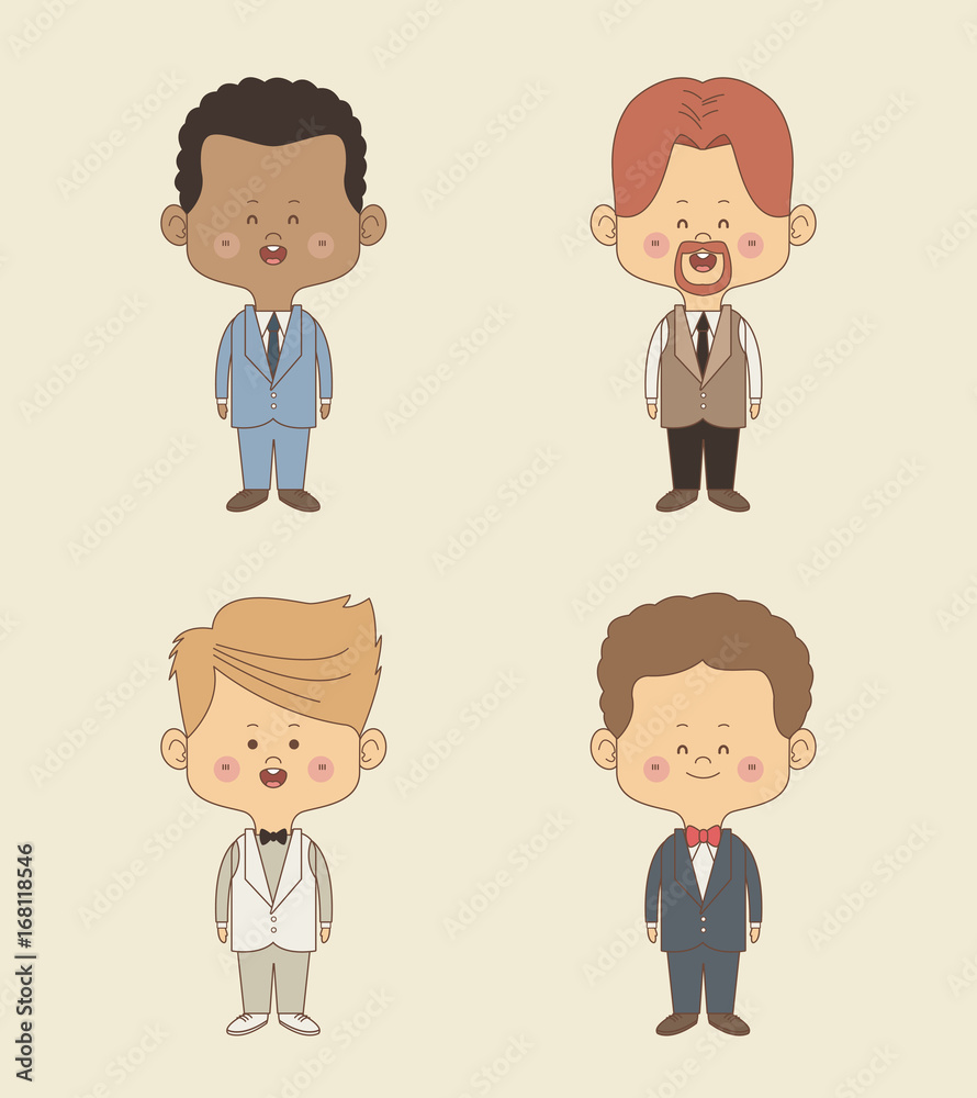 color background of set four groom man in wedding formal suit vector illustration color background of set four groom man in wedding formal suit vector illustration
