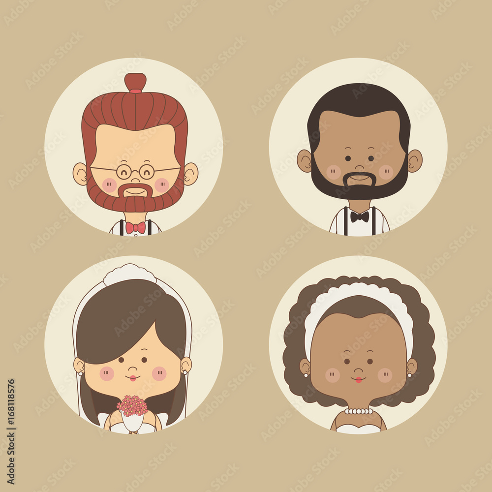 color background of set half body bride and groom with red hair and other brunette in circular frame vector illustration color background of set half body bride and groom with red hair and other brunette in circular frame vector illustration