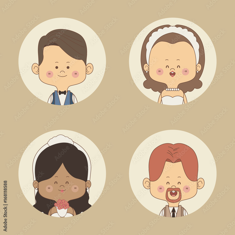 color background of set half body bride with short brown hair and other brunette and groom circular frame vector illustration color background of set half body bride with short brown hair and other brunette and groom circular frame vector illustration