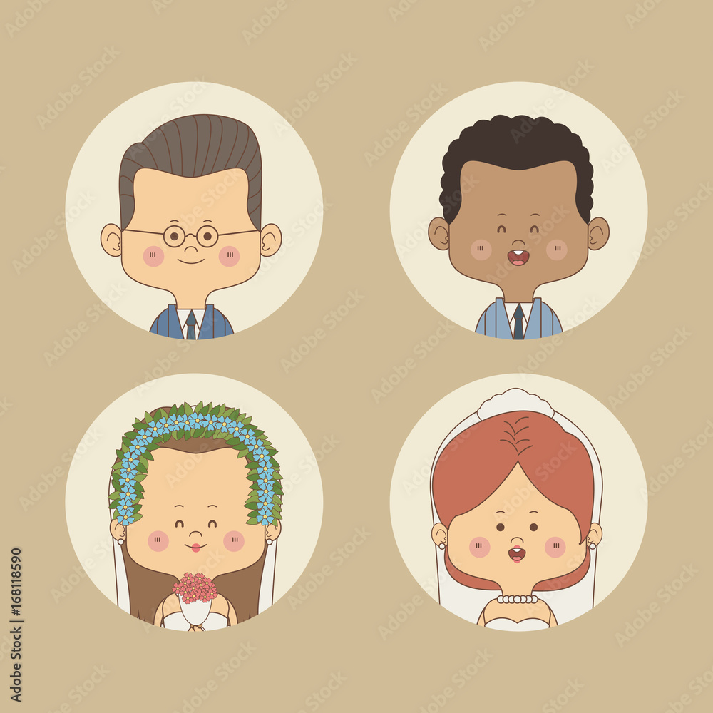 color background of set half body bride and groom with glasses and other brunette in circular frame vector illustration color background of set half body bride and groom with glasses and other brunette in circular frame vector illustration
