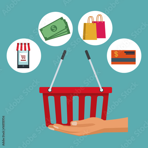 color background with hand holding a shopping basket and and elements icons online shopping in circular frames vector illustration