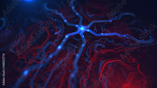 Blue neon Energy lights. Technology Terminal Background. Digital red blue backdrop. Printed circuit board. Technology  wallpaper. 3D illustration. Circuit board futuristic server code processing.