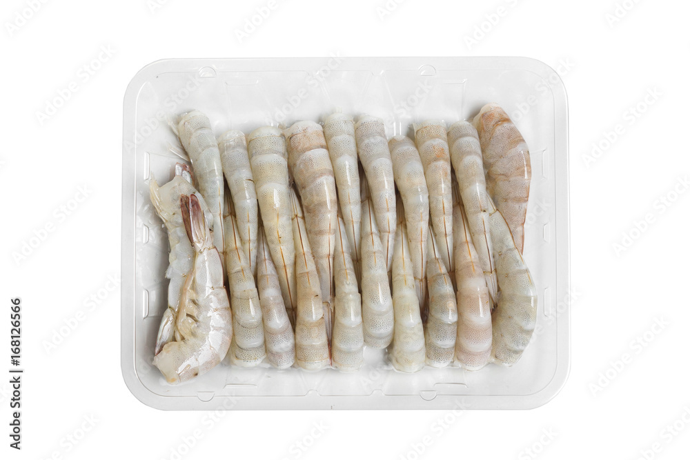 Head cut shrimps in plastic container isolated Head cut shrimps in plastic container isolated