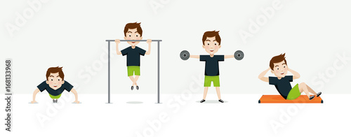 Man exercising vector set. Cartoon man doing pull ups, push ups and crunches. Fitness and Healthy lifestyle character.