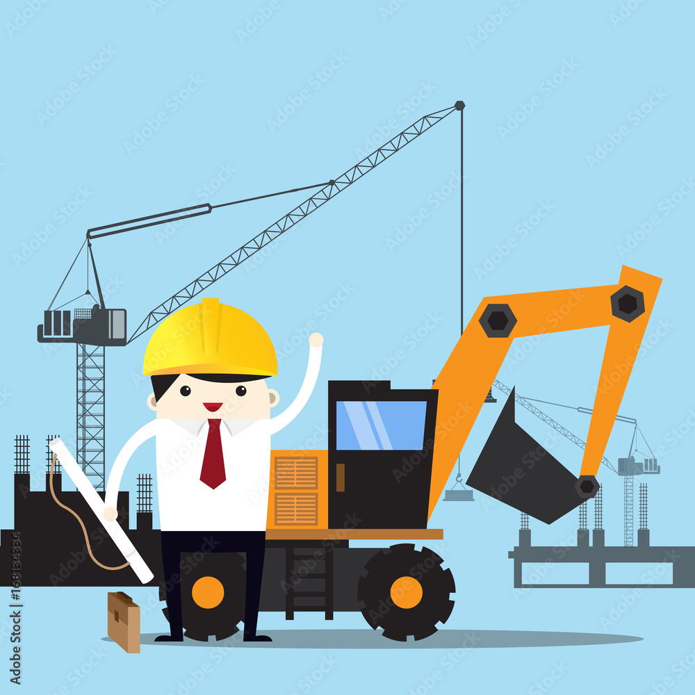 Engineer or Safety officer with the Wheel Dozer machine is background in construction site. Engineer or Safety officer with the Wheel Dozer machine is background in construction site.