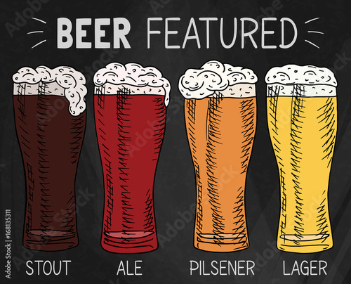 Beer featured. Beautiful illustration of stout, ale, light and lager beeron the chalkboard background