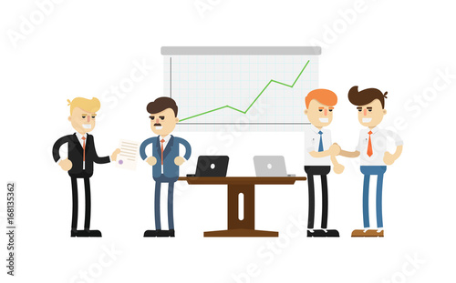 Business conference concept with smiling men icon. Business teamwork and project realization vector illustration in flat design.