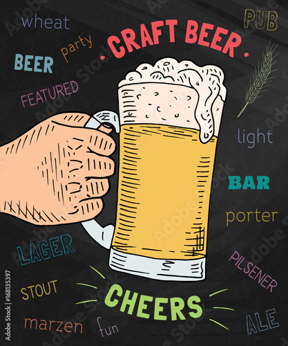 Beautiful poster of the glass of craft beer on the chalkboard background. Cheers